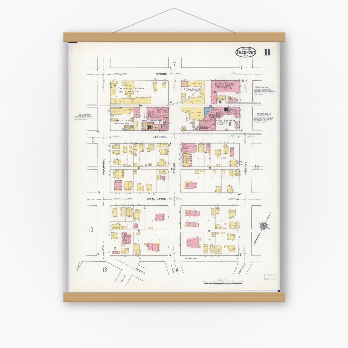 Old map wall art mockup — magnetic wood frame on white wall — Sanborn Fire Insurance Map from Freeport, Stephenson County, Illinois (1918), Sheet #0011