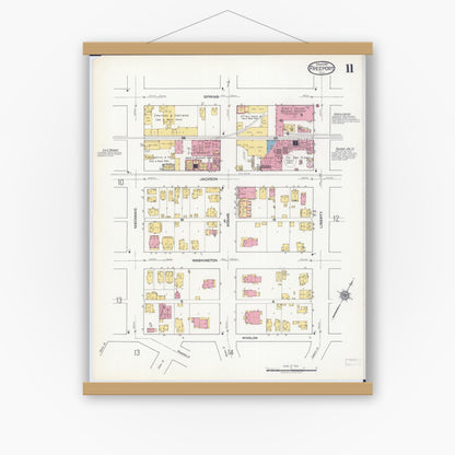 Old map wall art mockup — magnetic wood frame on white wall — Sanborn Fire Insurance Map from Freeport, Stephenson County, Illinois (1918), Sheet #0011