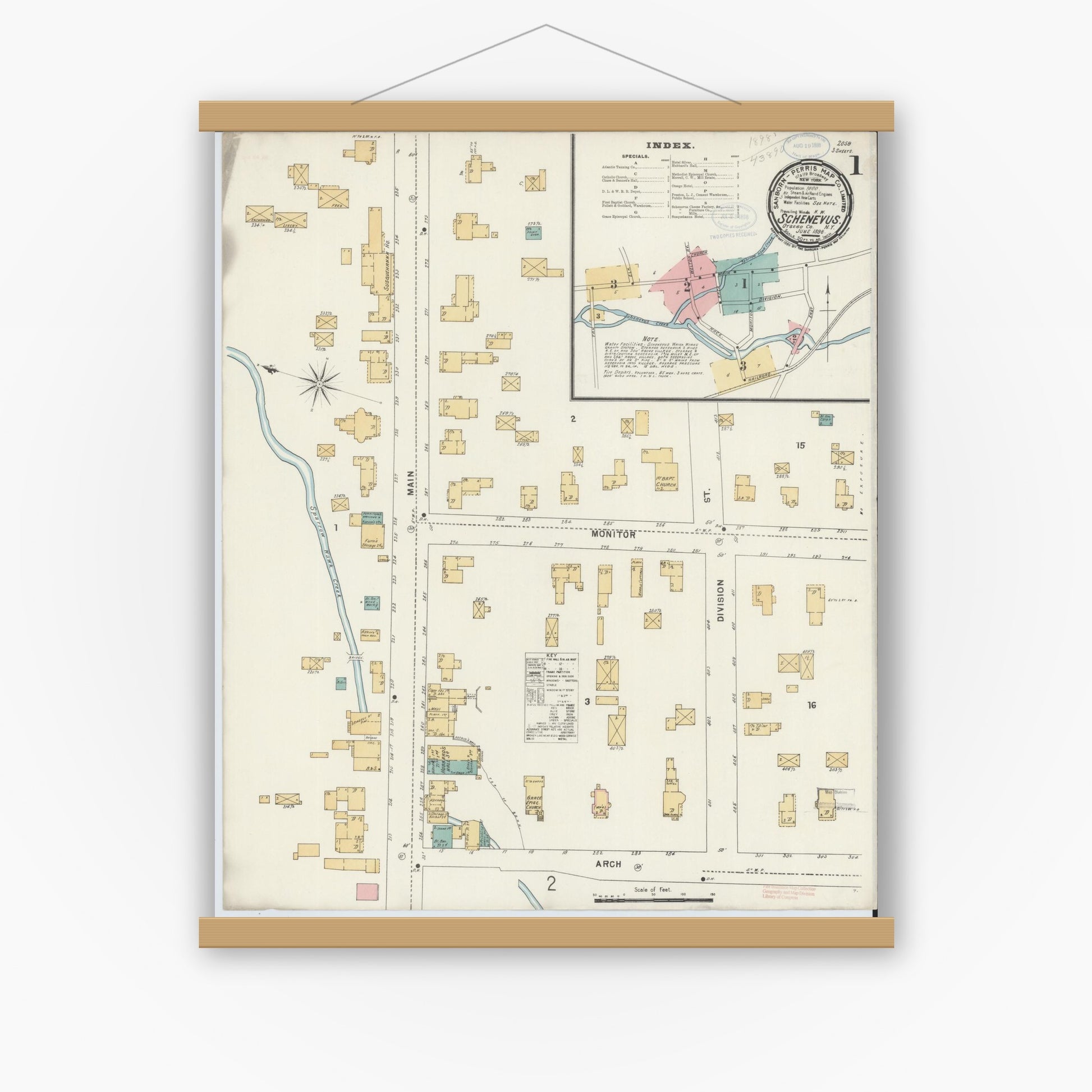 Old map wall art mockup — magnetic wood frame on white wall — Sanborn Fire Insurance Map from Schenevus, Otsego County, New York (1898) - Complete Map Set