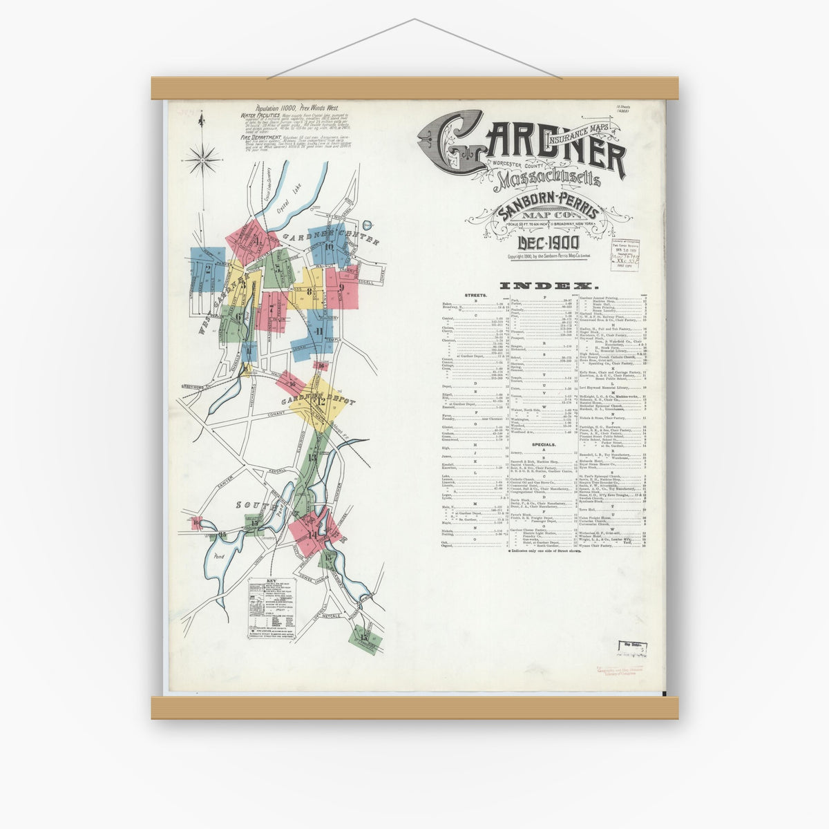 Old map wall art mockup — magnetic wood frame on white wall — Sanborn Fire Insurance Map from Gardner, Worcester County, Massachusetts (1900) - Complete Map Set