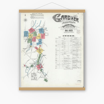Old map wall art mockup — magnetic wood frame on white wall — Sanborn Fire Insurance Map from Gardner, Worcester County, Massachusetts (1900) - Complete Map Set