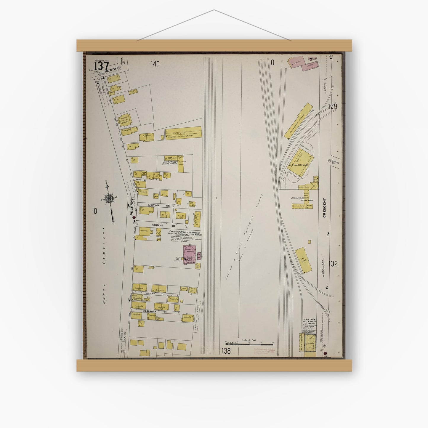 Old map wall art mockup — magnetic wood frame on white wall — Sanborn Fire Insurance Map from Worcester, Worcester County, Massachusetts (1910), Sheet #0137