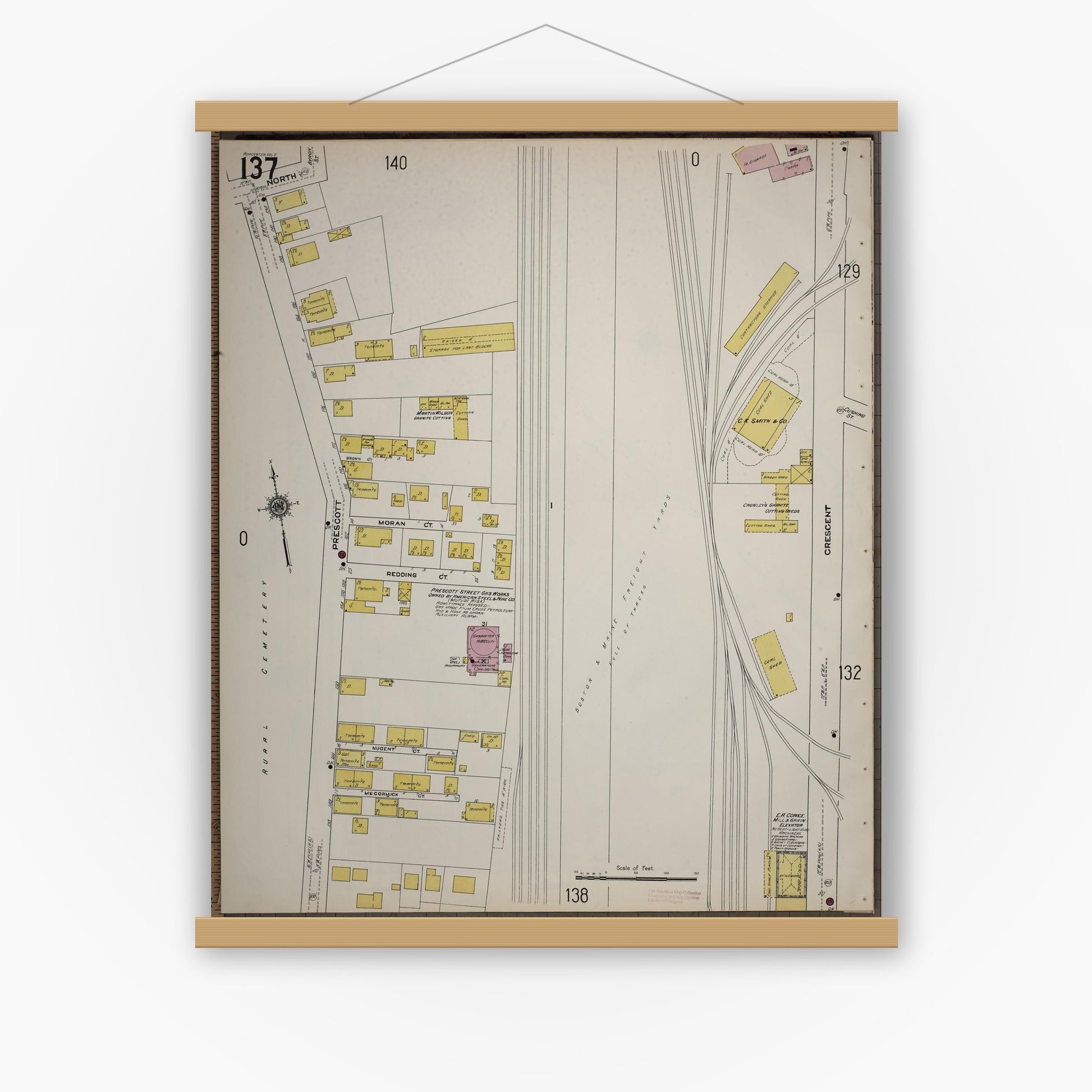 Old map wall art mockup — magnetic wood frame on white wall — Sanborn Fire Insurance Map from Worcester, Worcester County, Massachusetts (1910), Sheet #0137