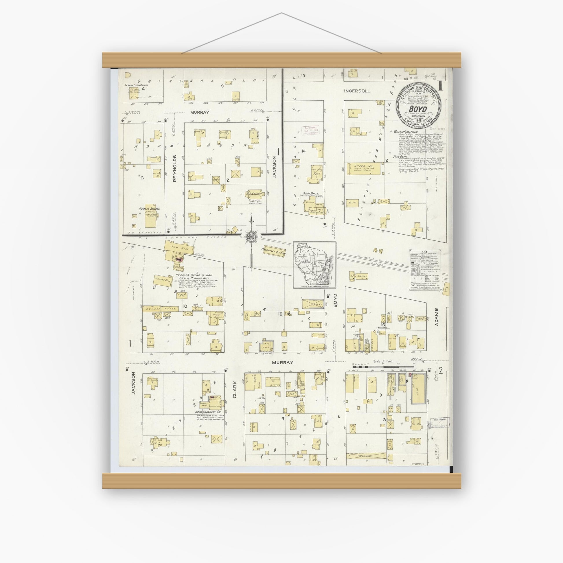 Old map wall art mockup — magnetic wood frame on white wall — Sanborn Fire Insurance Map from Boyd, Chippewa County, Wisconsin (1912) - Complete Map Set