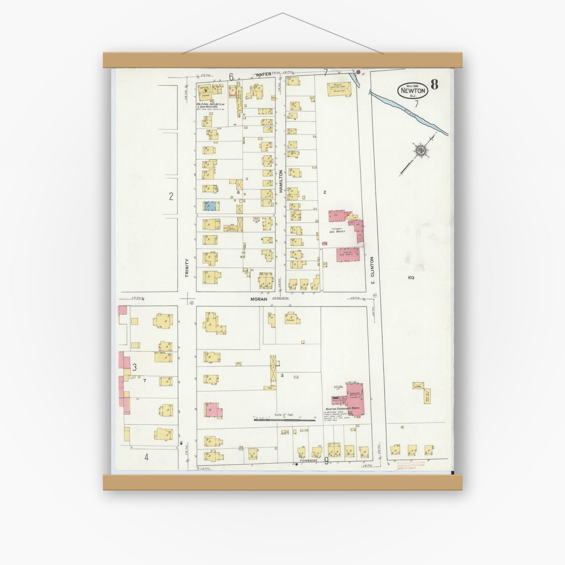 Old map wall art mockup — magnetic wood frame on white wall — Sanborn Fire Insurance Map from Newton, Sussex County, New Jersey (1916), Sheet #0008