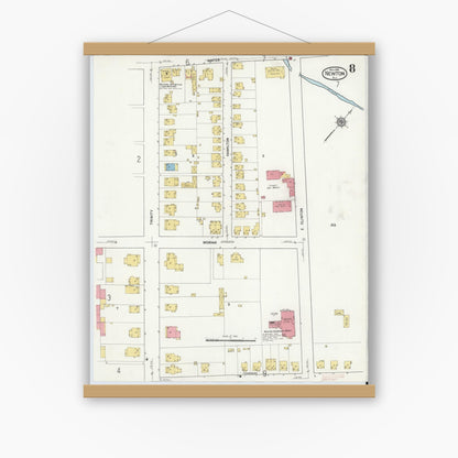 Old map wall art mockup — magnetic wood frame on white wall — Sanborn Fire Insurance Map from Newton, Sussex County, New Jersey (1916), Sheet #0008