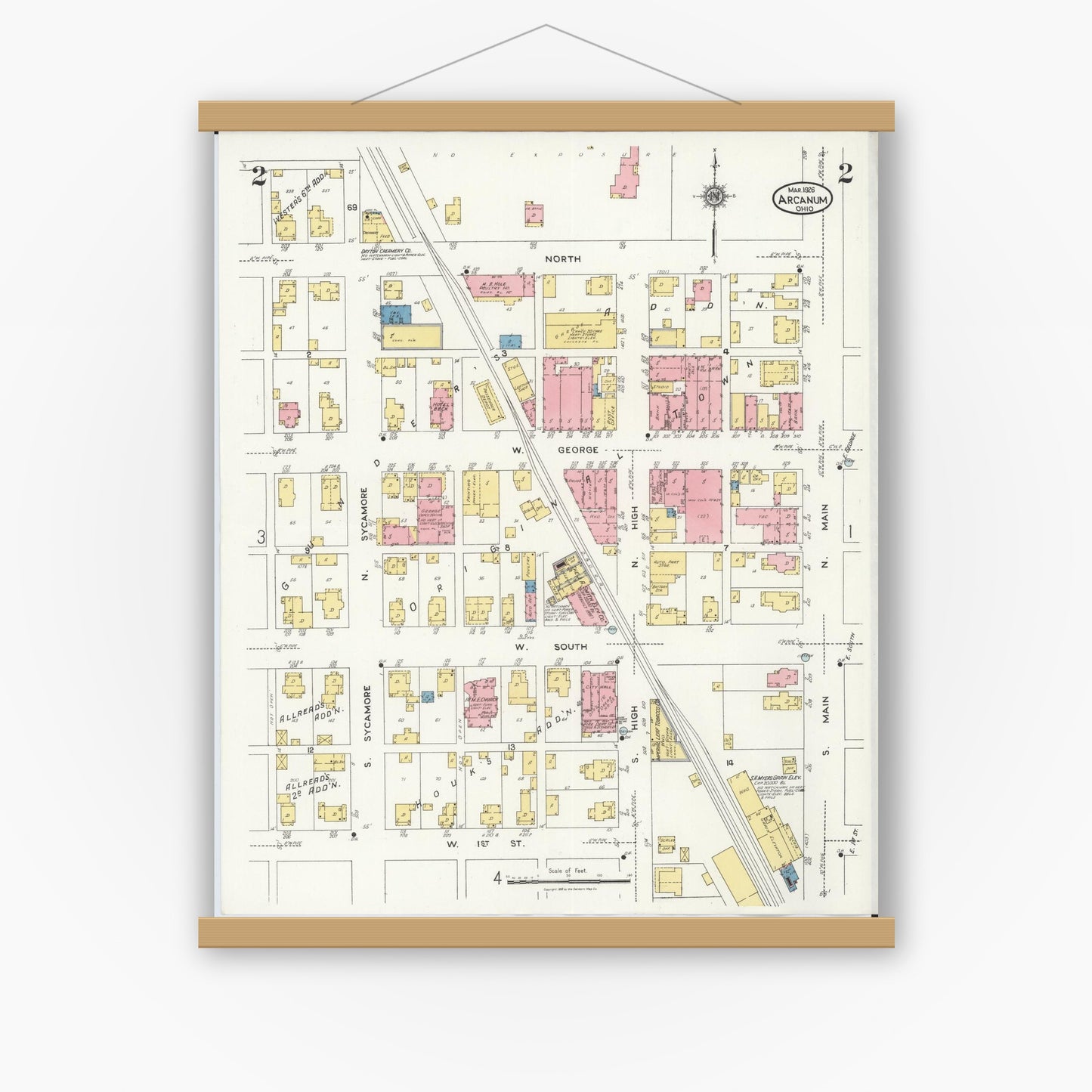 Old map wall art mockup — magnetic wood frame on white wall — Sanborn Fire Insurance Map from Arcanum, Darke County, Ohio (1926), Sheet #0002
