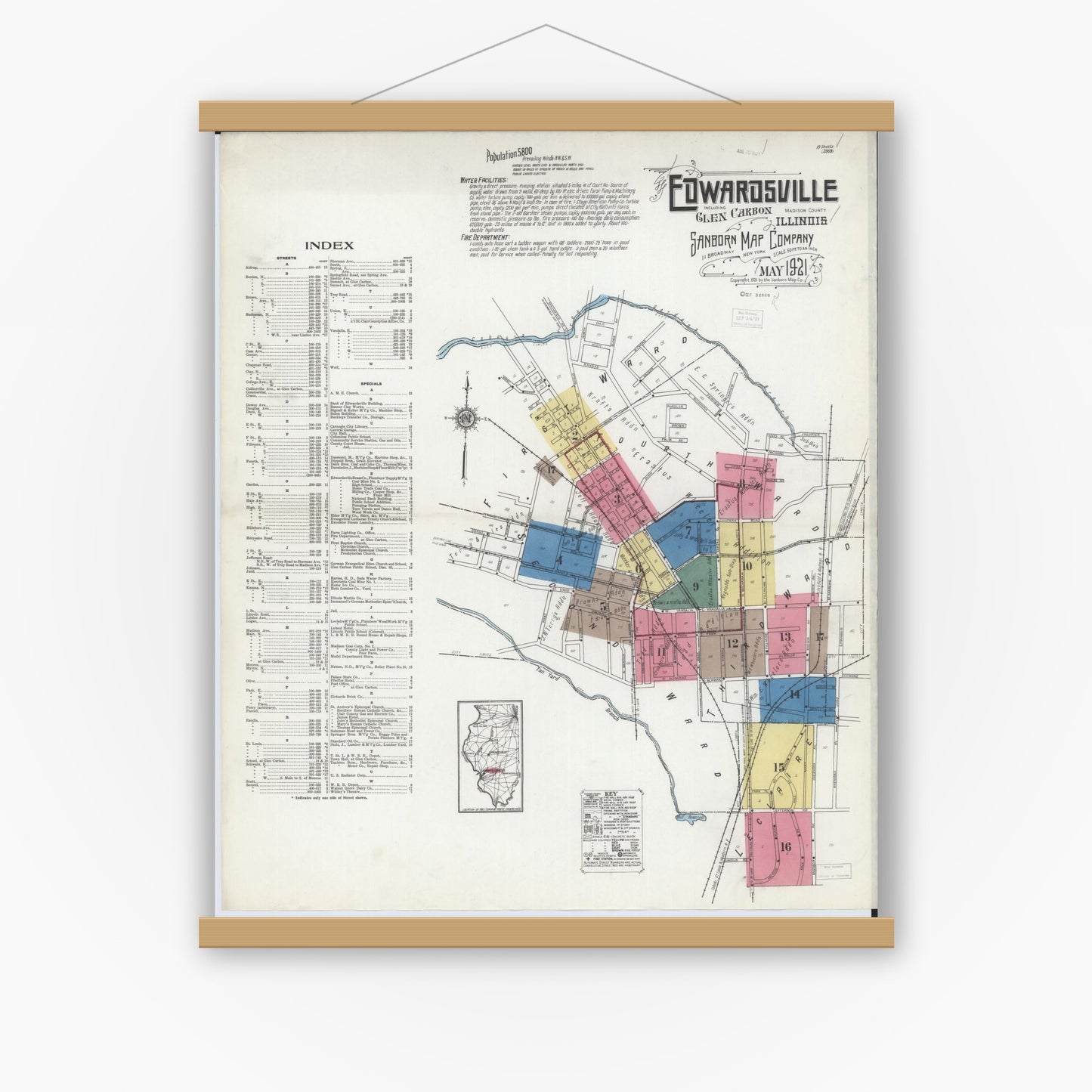Old map wall art mockup — magnetic wood frame on white wall — Sanborn Fire Insurance Map from Edwardsville, Madison County, Illinois (1921) - Complete Map Set
