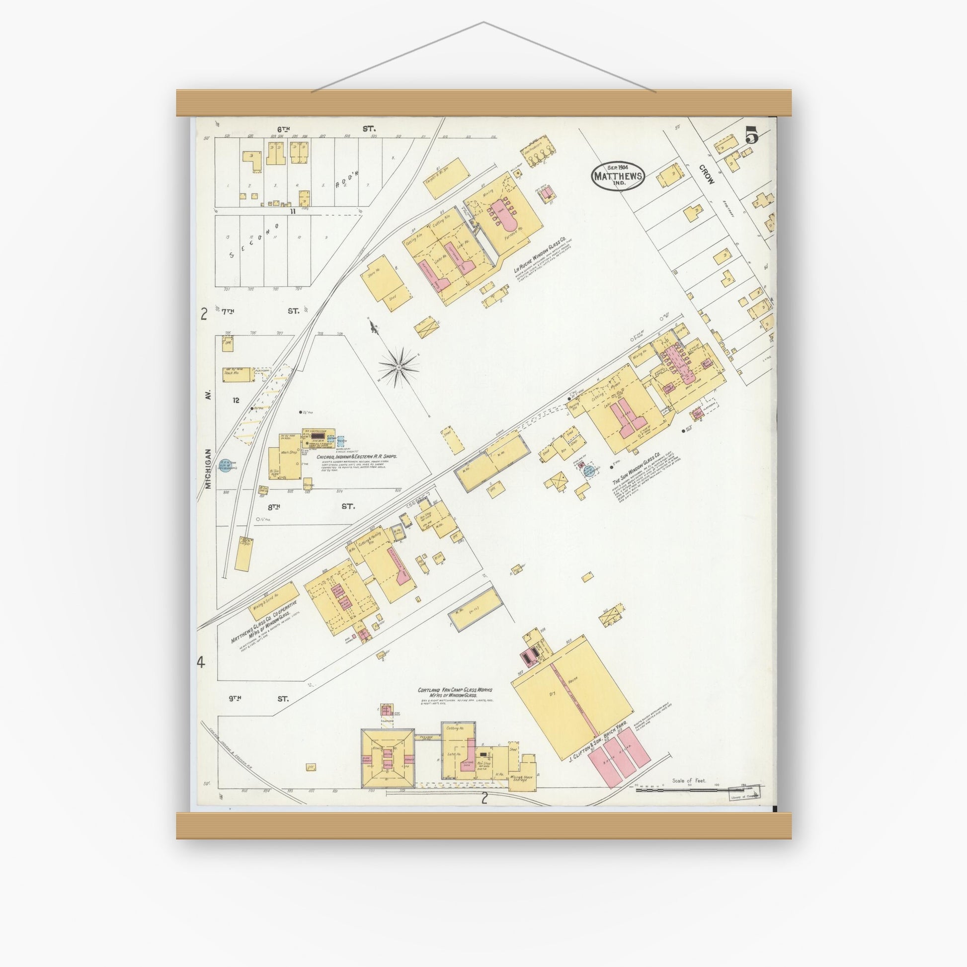 Old map wall art mockup — magnetic wood frame on white wall — Sanborn Fire Insurance Map from Matthews, Grant County, Indiana (1904), Sheet #0005