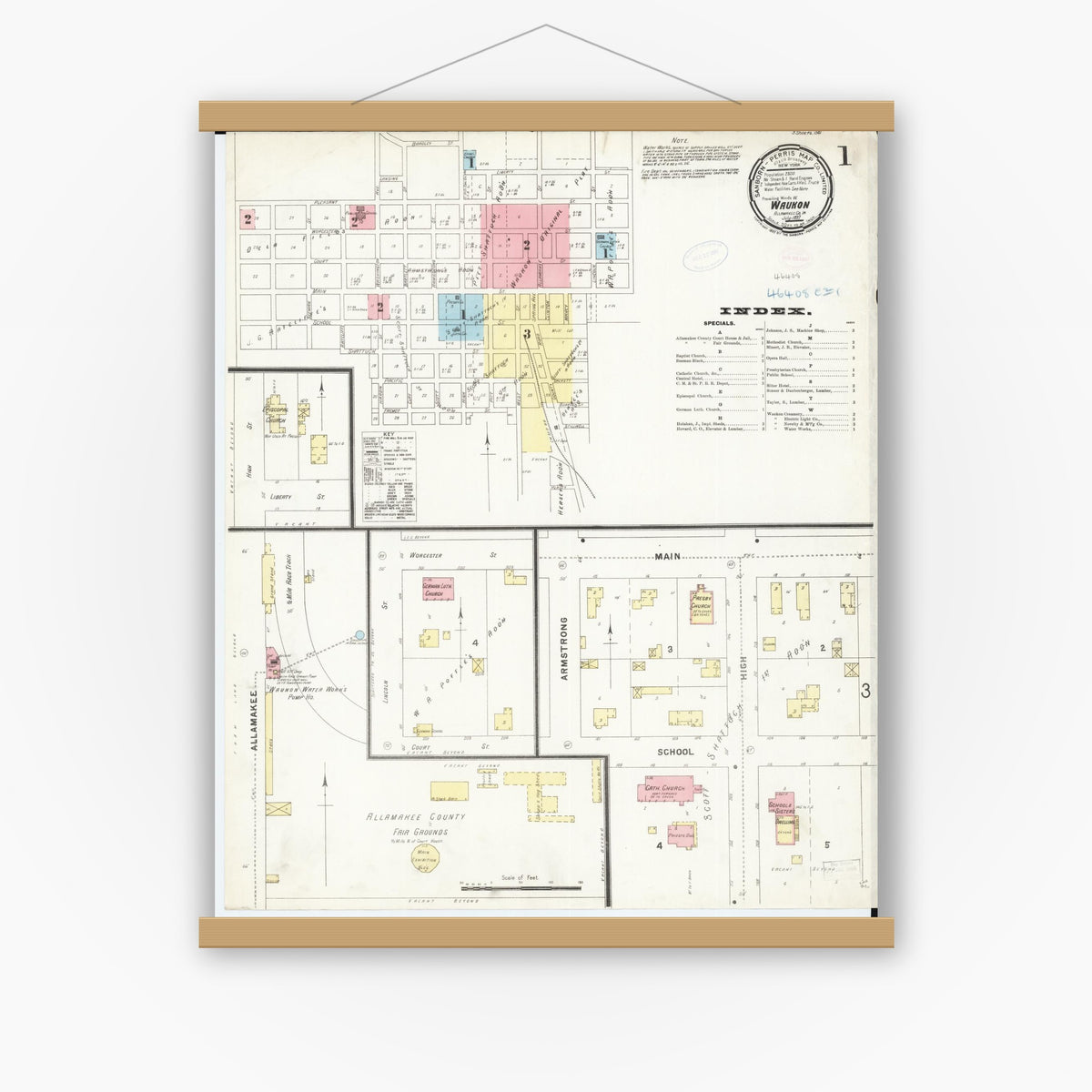 Old map wall art mockup — magnetic wood frame on white wall — Sanborn Fire Insurance Map from Waukon, Allamakee County, Iowa (1897) â€” Complete Set