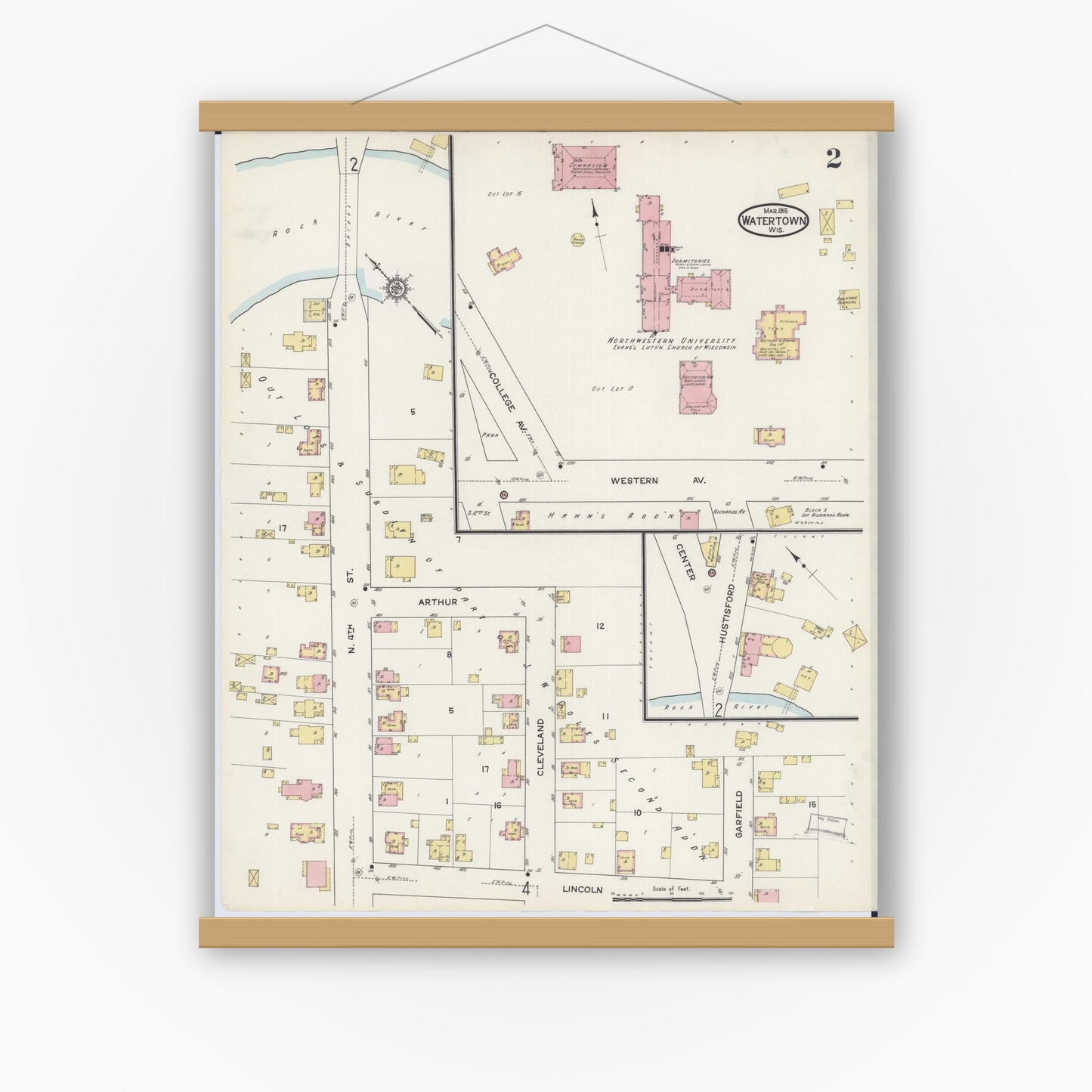 Old map wall art mockup — magnetic wood frame on white wall — Sanborn Fire Insurance Map from Watertown, Jefferson County, Wisconsin (1915), Sheet #0003