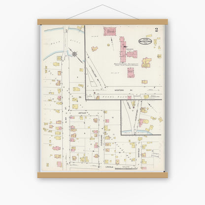 Old map wall art mockup — magnetic wood frame on white wall — Sanborn Fire Insurance Map from Watertown, Jefferson County, Wisconsin (1915), Sheet #0003