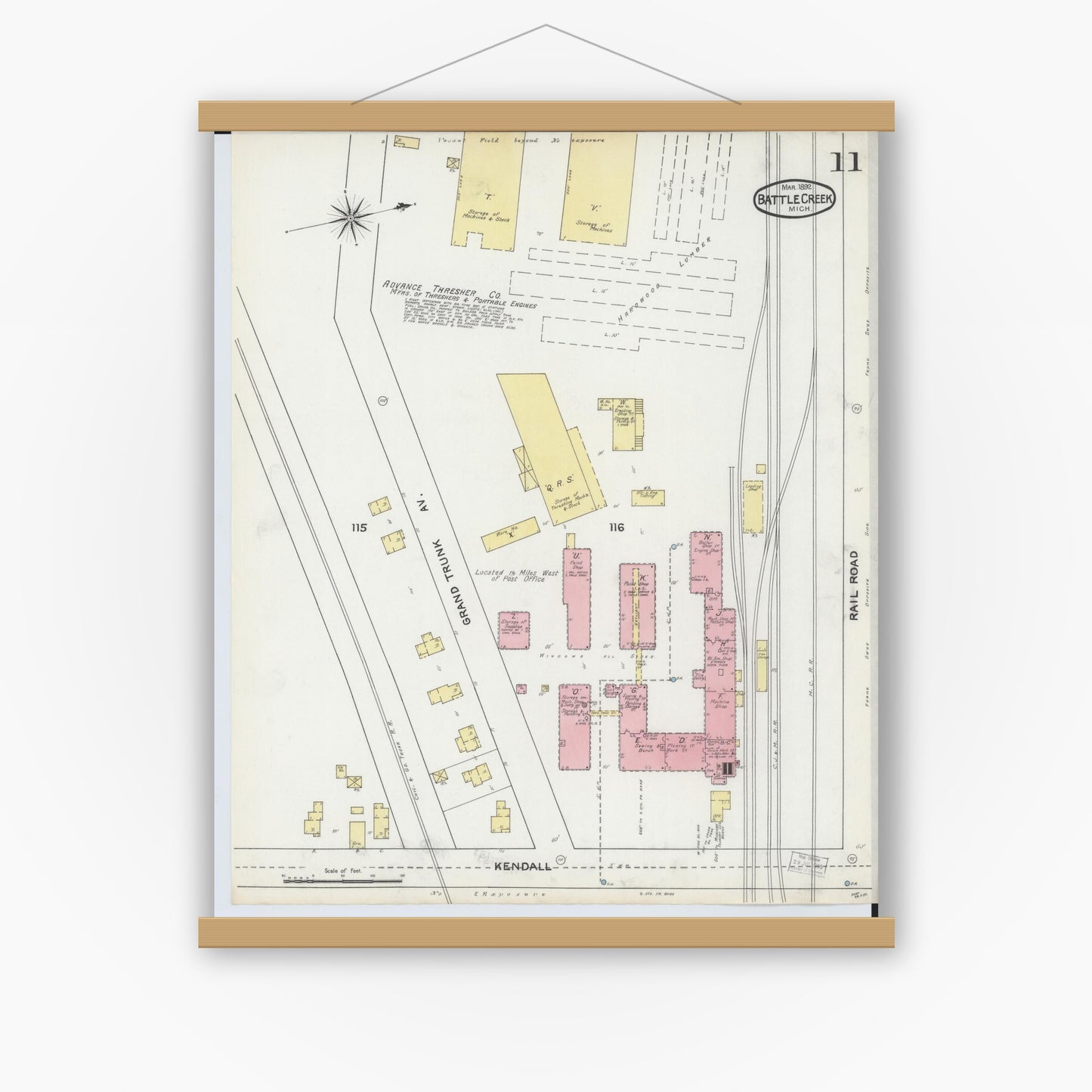 Old map wall art mockup — magnetic wood frame on white wall — Sanborn Fire Insurance Map from Battle Creek, Calhoun County, Michigan (1892), Sheet #0011