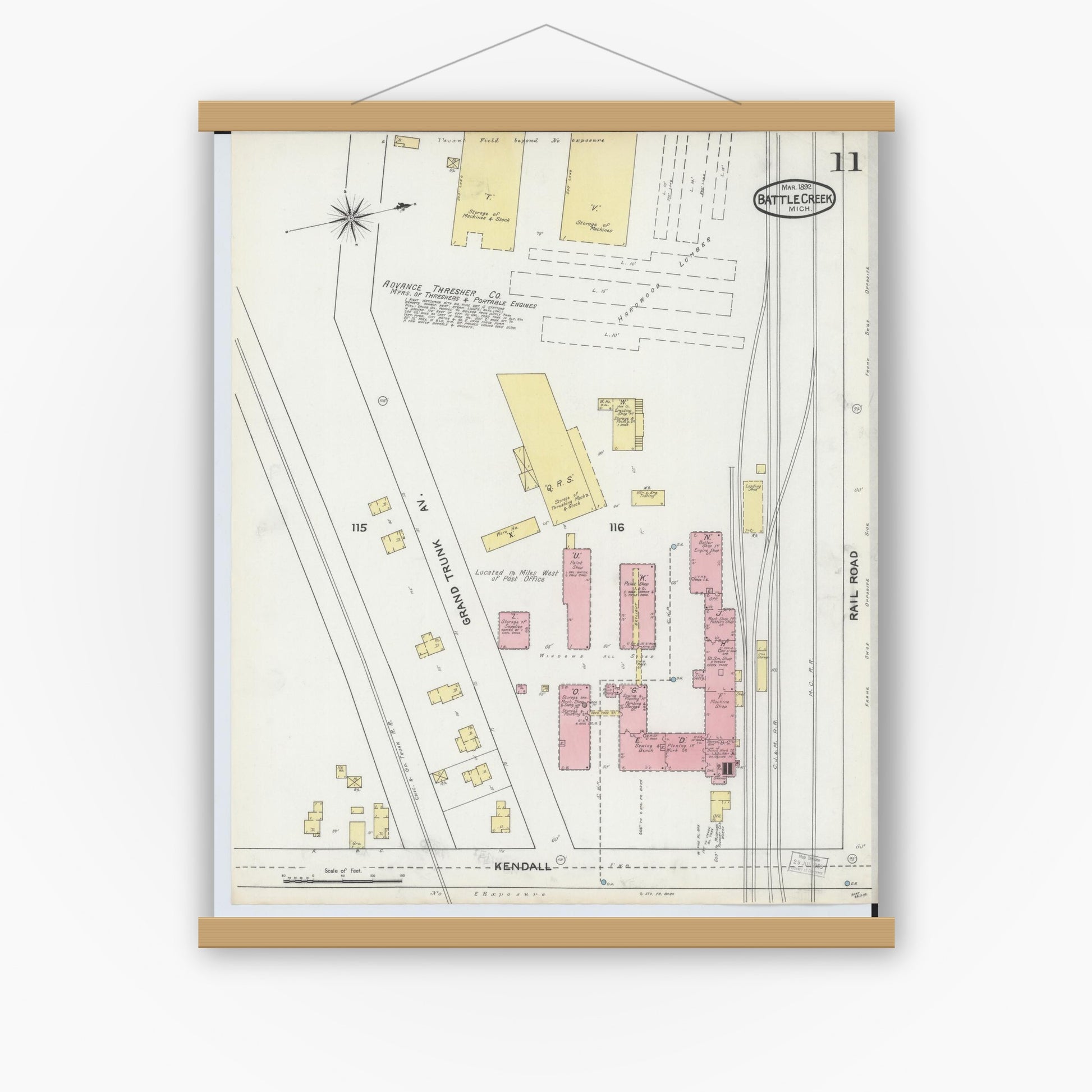 Old map wall art mockup — magnetic wood frame on white wall — Sanborn Fire Insurance Map from Battle Creek, Calhoun County, Michigan (1892), Sheet #0011