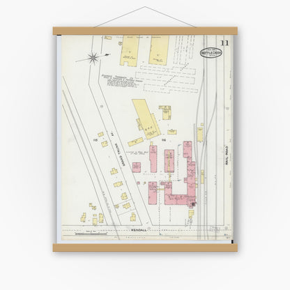 Old map wall art mockup — magnetic wood frame on white wall — Sanborn Fire Insurance Map from Battle Creek, Calhoun County, Michigan (1892), Sheet #0011
