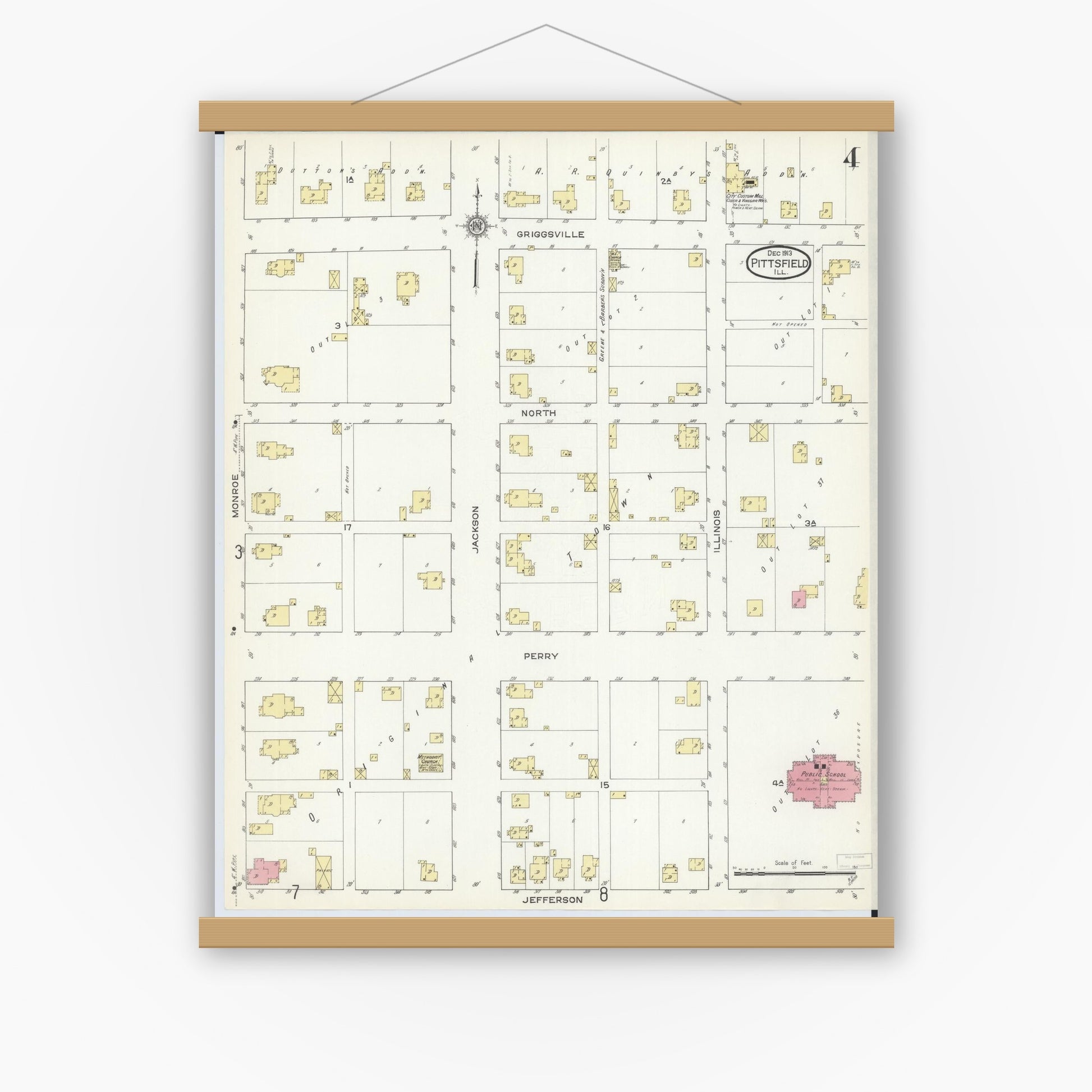 Old map wall art mockup — magnetic wood frame on white wall — Sanborn Fire Insurance Map from Pittsfield, Pike County, Illinois (1913), Sheet #0004