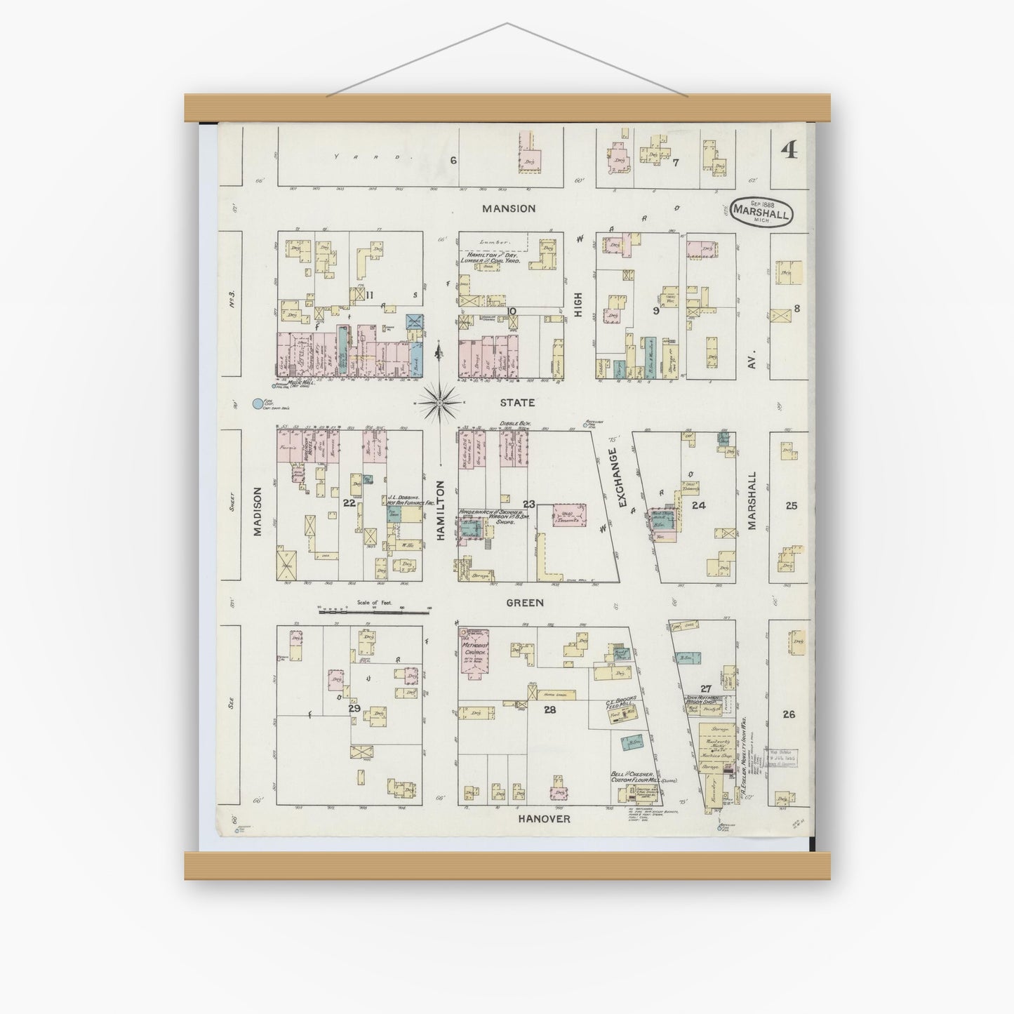 Old map wall art mockup — magnetic wood frame on white wall — Sanborn Fire Insurance Map from Marshall, Calhoun County, Michigan (1888), Sheet #0004