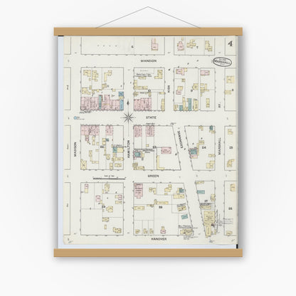 Old map wall art mockup — magnetic wood frame on white wall — Sanborn Fire Insurance Map from Marshall, Calhoun County, Michigan (1888), Sheet #0004