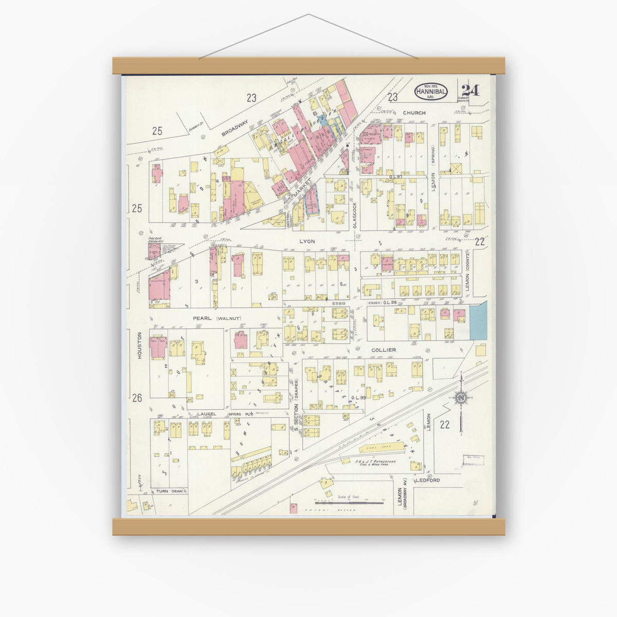 Old map wall art mockup — magnetic wood frame on white wall — Sanborn Fire Insurance Map from Hannibal, Marion County, Missouri (1913), Sheet #0024