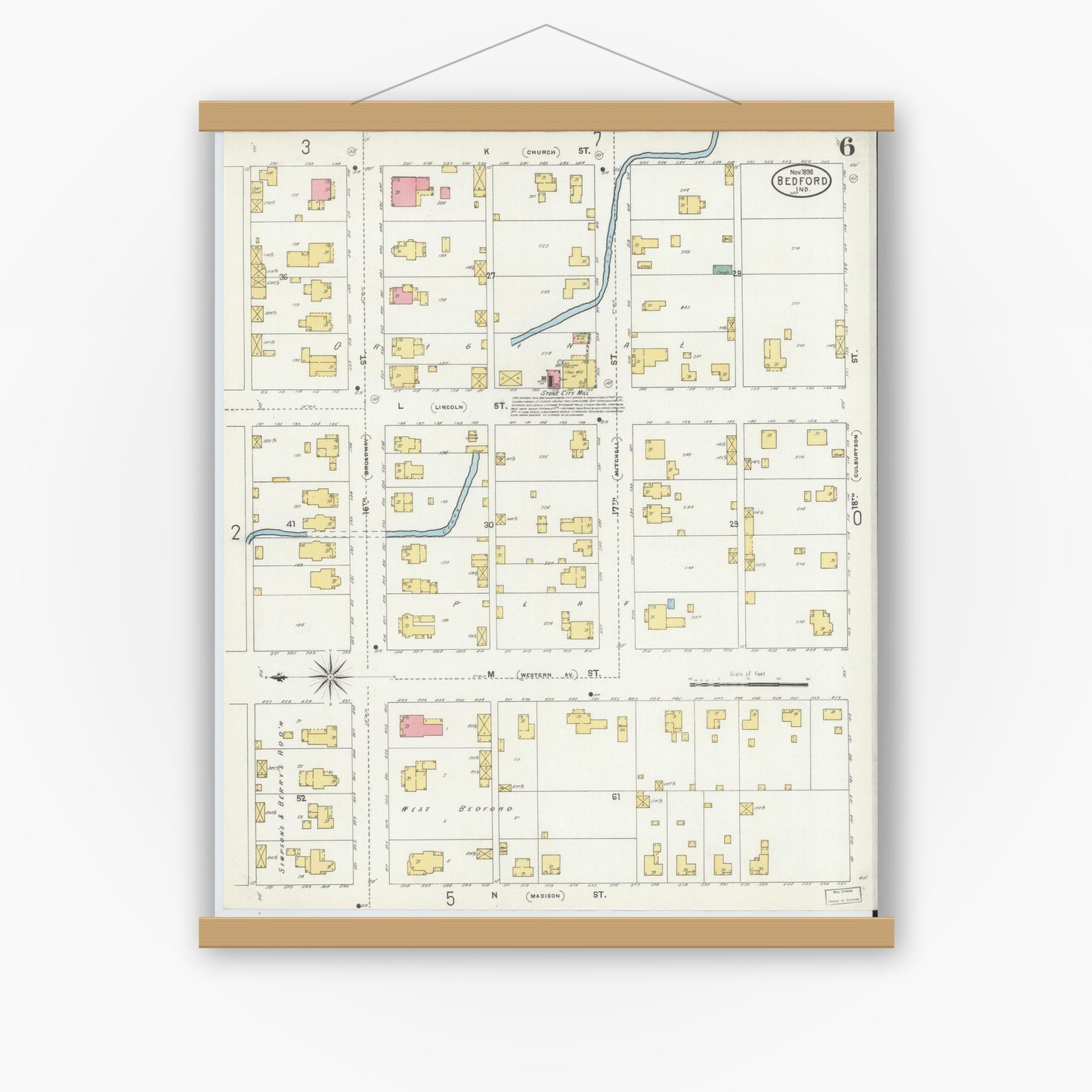 Old map wall art mockup — magnetic wood frame on white wall — Sanborn Fire Insurance Map from Bedford, Lawrence County, Indiana (1898), Sheet #0006