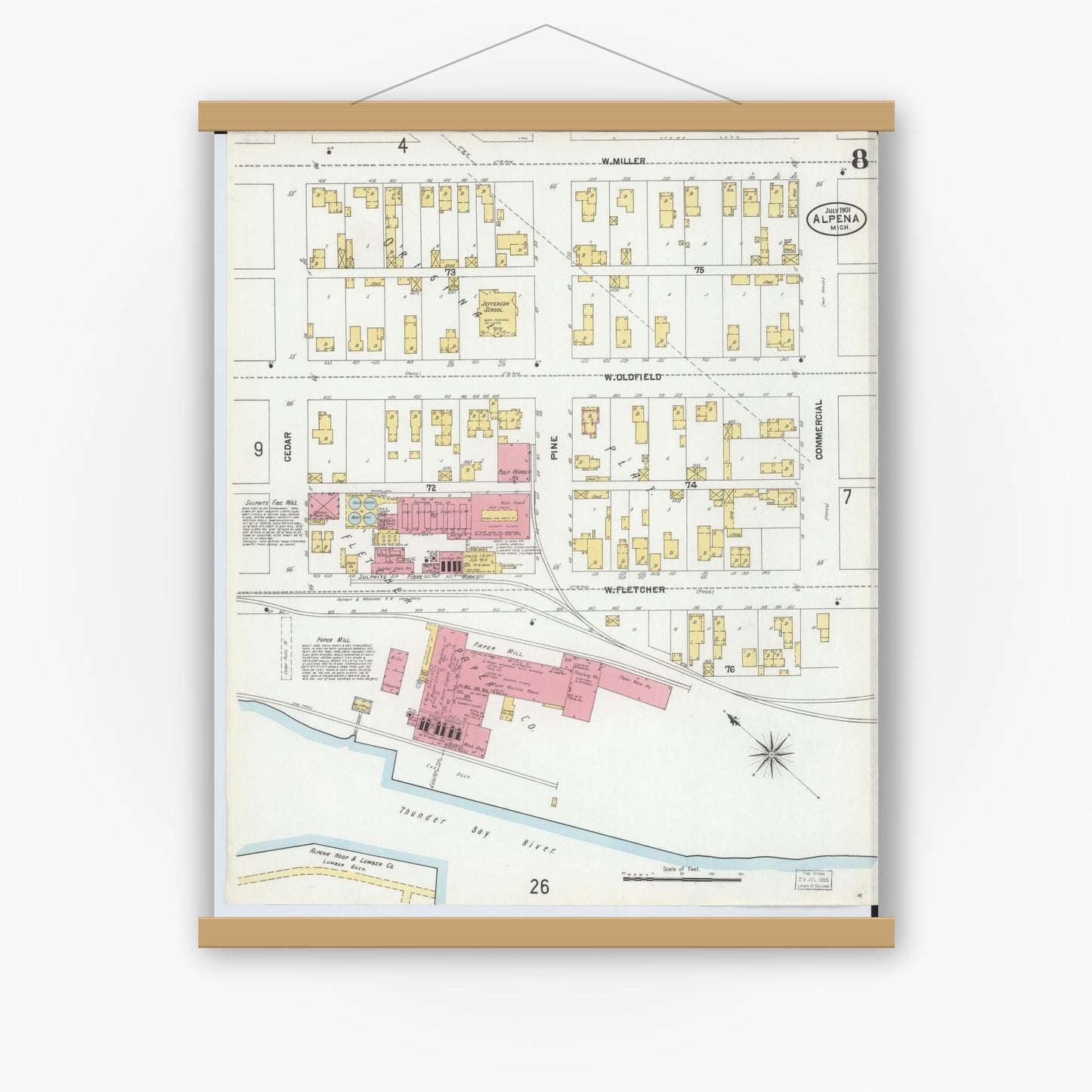 Old map wall art mockup — magnetic wood frame on white wall — Sanborn Fire Insurance Map from Alpena, Alpena County, Michigan (1901), Sheet #0008
