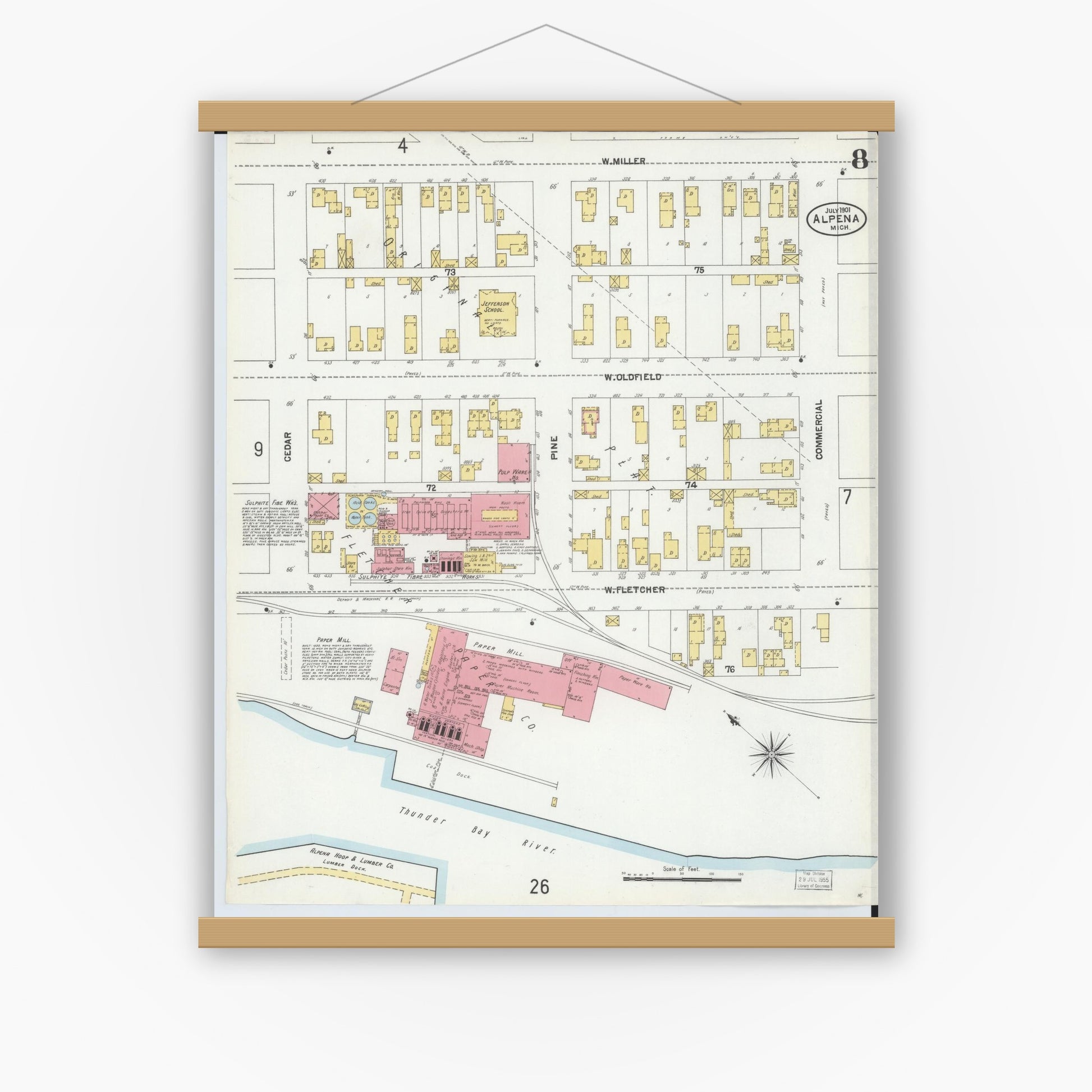 Old map wall art mockup — magnetic wood frame on white wall — Sanborn Fire Insurance Map from Alpena, Alpena County, Michigan (1901), Sheet #0008