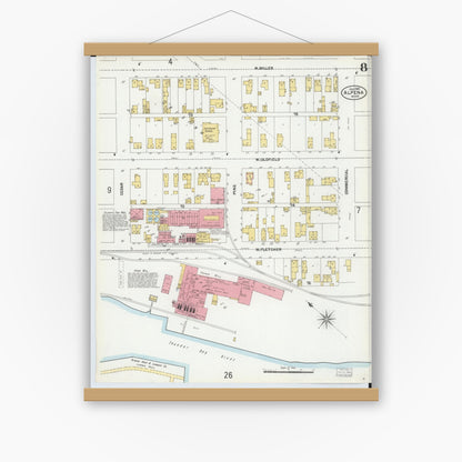 Old map wall art mockup — magnetic wood frame on white wall — Sanborn Fire Insurance Map from Alpena, Alpena County, Michigan (1901), Sheet #0008