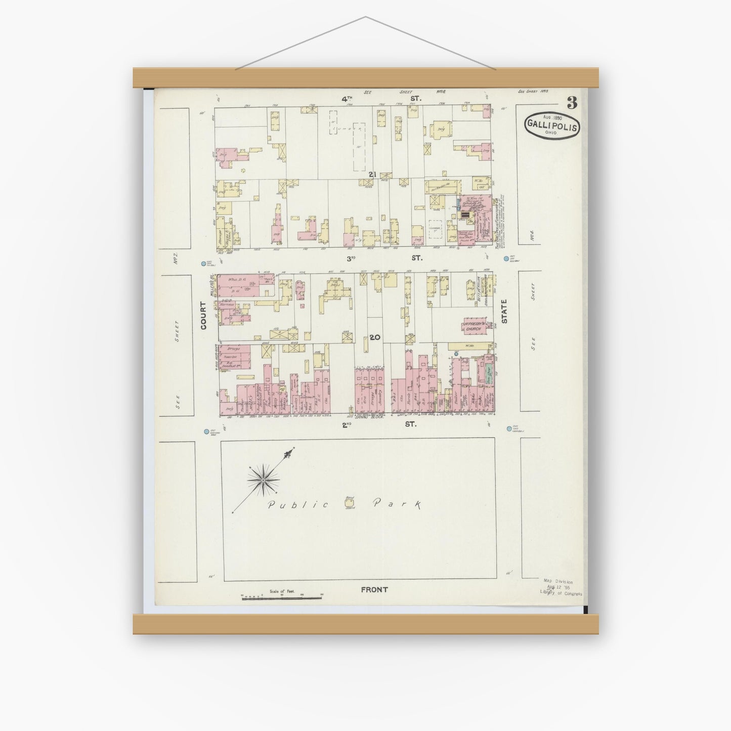 Old map wall art mockup — magnetic wood frame on white wall — Sanborn Fire Insurance Map from Gallipolis, Gallia County, Ohio (1890), Sheet #0003