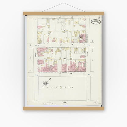 Old map wall art mockup — magnetic wood frame on white wall — Sanborn Fire Insurance Map from Gallipolis, Gallia County, Ohio (1890), Sheet #0003
