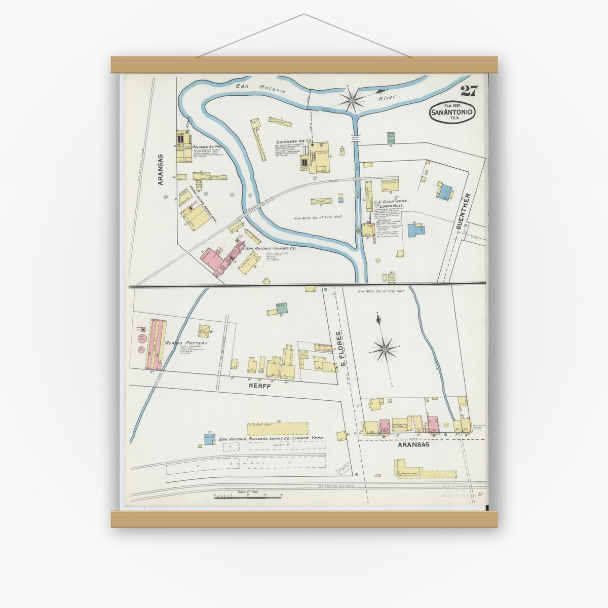 Old map wall art mockup — magnetic wood frame on white wall — Sanborn Fire Insurance Map from San Antonio, Bexar County, Texas (1892), Sheet #0027