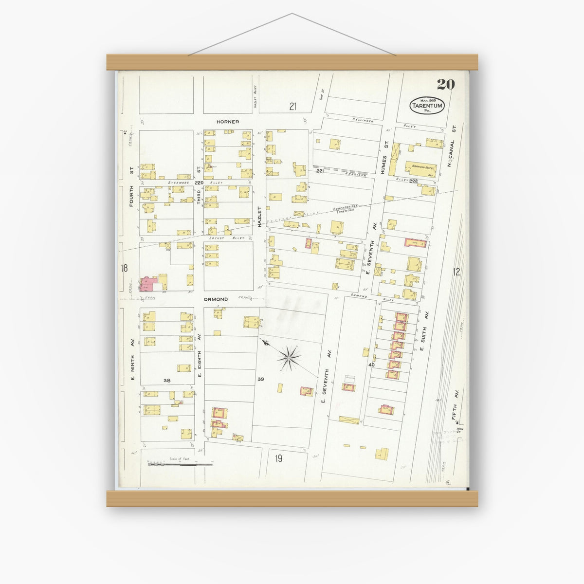 Old map wall art mockup — magnetic wood frame on white wall — Sanborn Fire Insurance Map from Tarentum, Allegheny County, Pennsylvania (1909), Sheet #0020