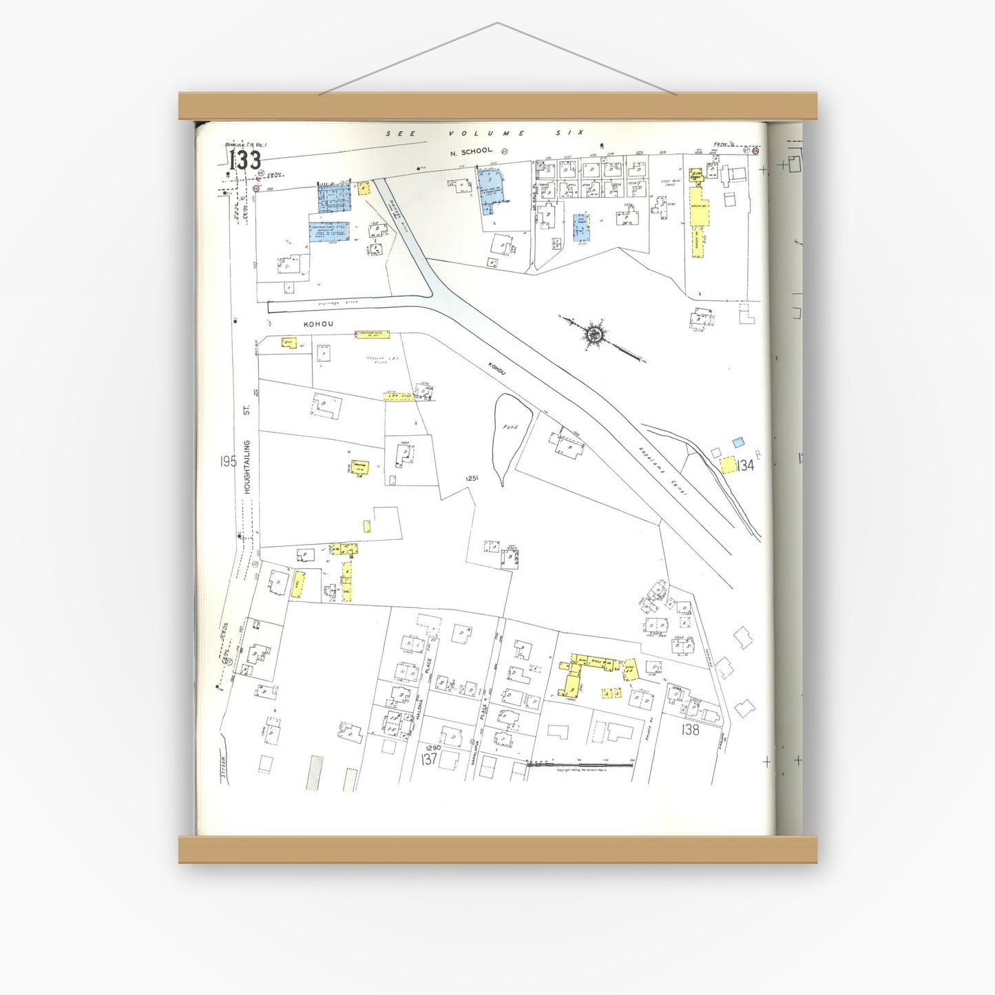 Old map wall art mockup — magnetic wood frame on white wall — Sanborn Fire Insurance Map from Honolulu, Oahu County, Hawaii (1955), Sheet #0133