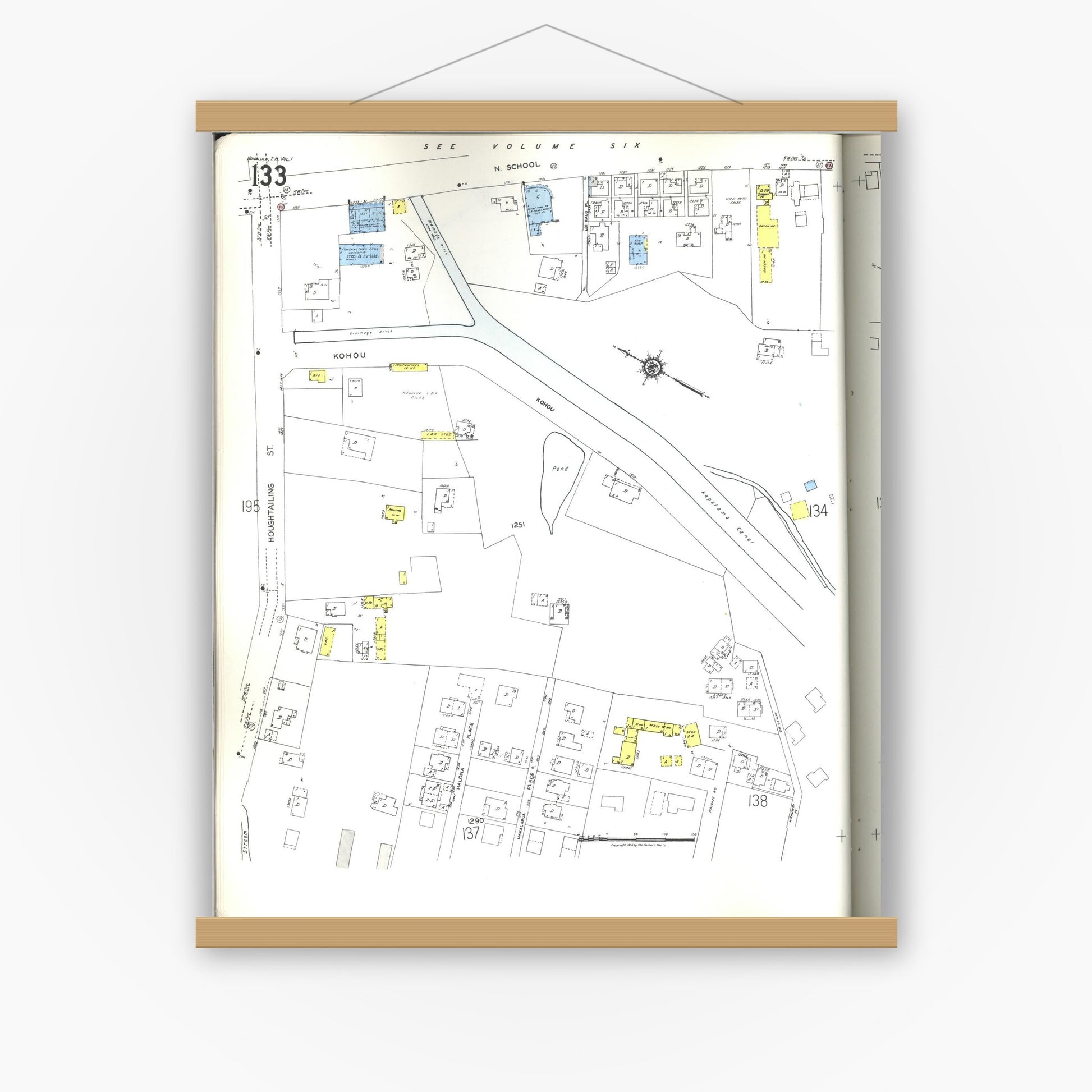 Old map wall art mockup — magnetic wood frame on white wall — Sanborn Fire Insurance Map from Honolulu, Oahu County, Hawaii (1955), Sheet #0133