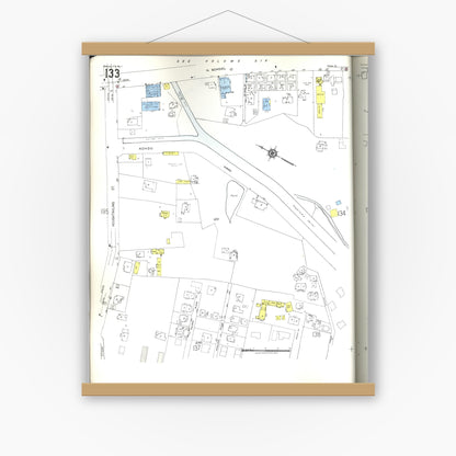 Old map wall art mockup — magnetic wood frame on white wall — Sanborn Fire Insurance Map from Honolulu, Oahu County, Hawaii (1955), Sheet #0133