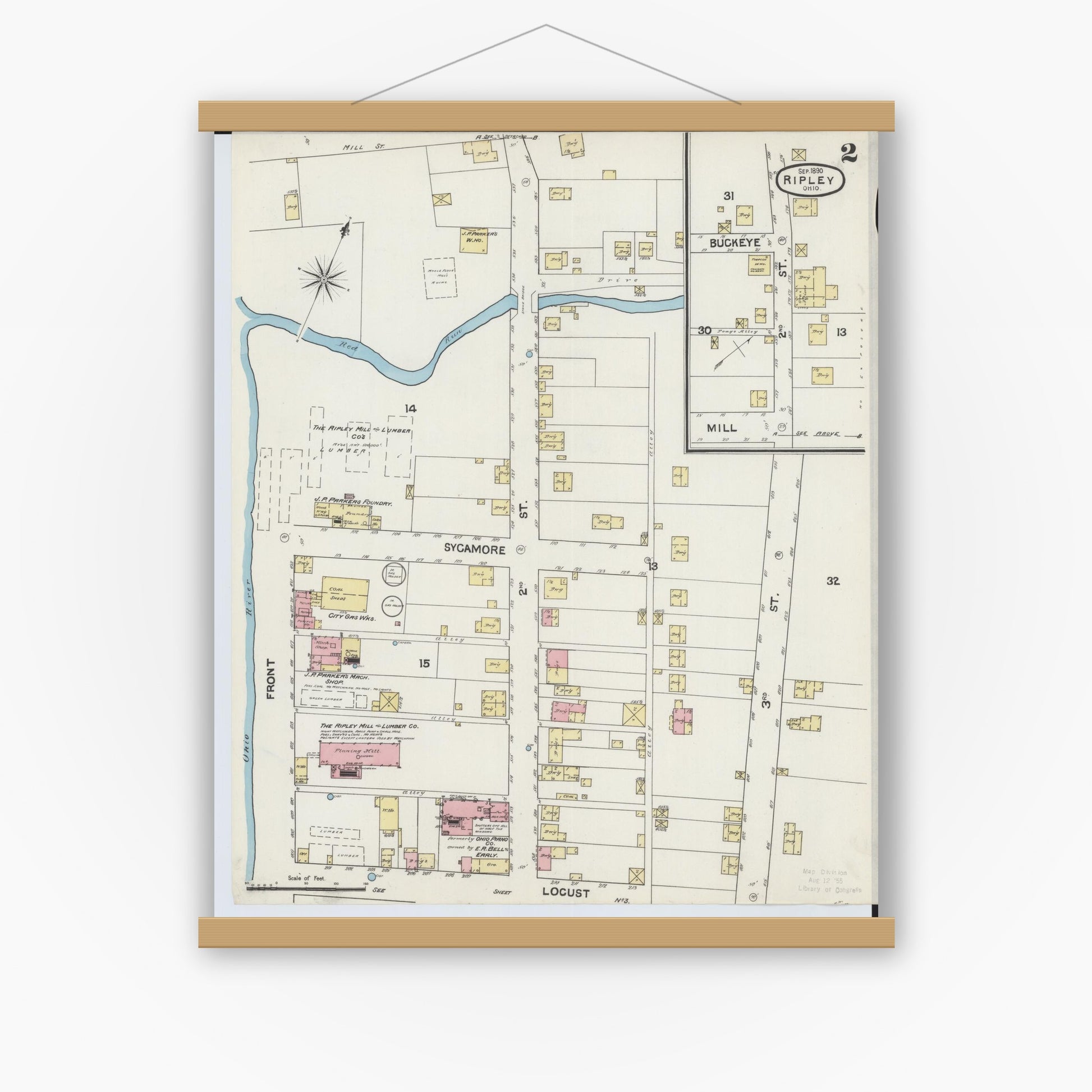 Old map wall art mockup — magnetic wood frame on white wall — Sanborn Fire Insurance Map from Ripley, Brown County, Ohio (1890), Sheet #0002