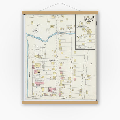 Old map wall art mockup — magnetic wood frame on white wall — Sanborn Fire Insurance Map from Ripley, Brown County, Ohio (1890), Sheet #0002