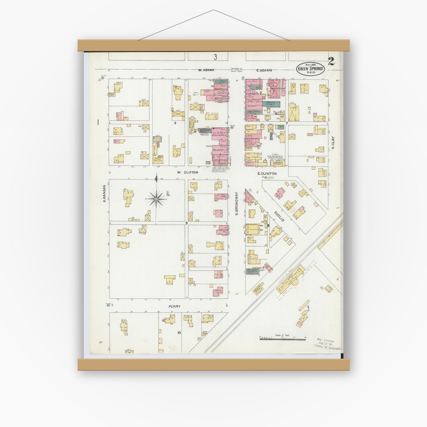 Old map wall art mockup — magnetic wood frame on white wall — Sanborn Fire Insurance Map from Green Springs, Sandusky And Seneca Counties, Ohio (1906), Sheet #0002