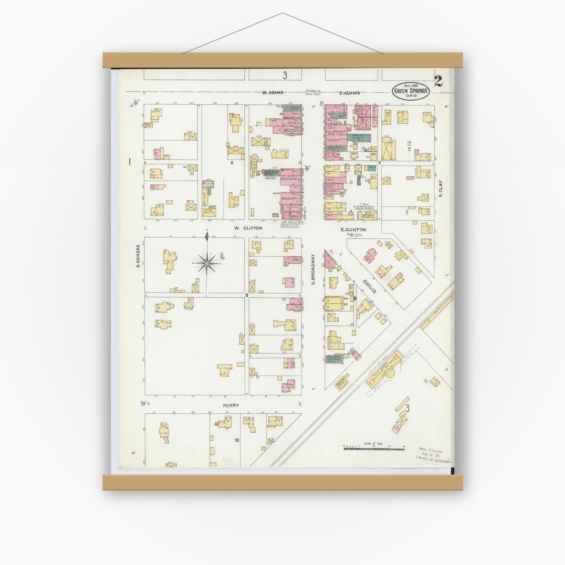 Old map wall art mockup — magnetic wood frame on white wall — Sanborn Fire Insurance Map from Green Springs, Sandusky And Seneca Counties, Ohio (1906), Sheet #0002