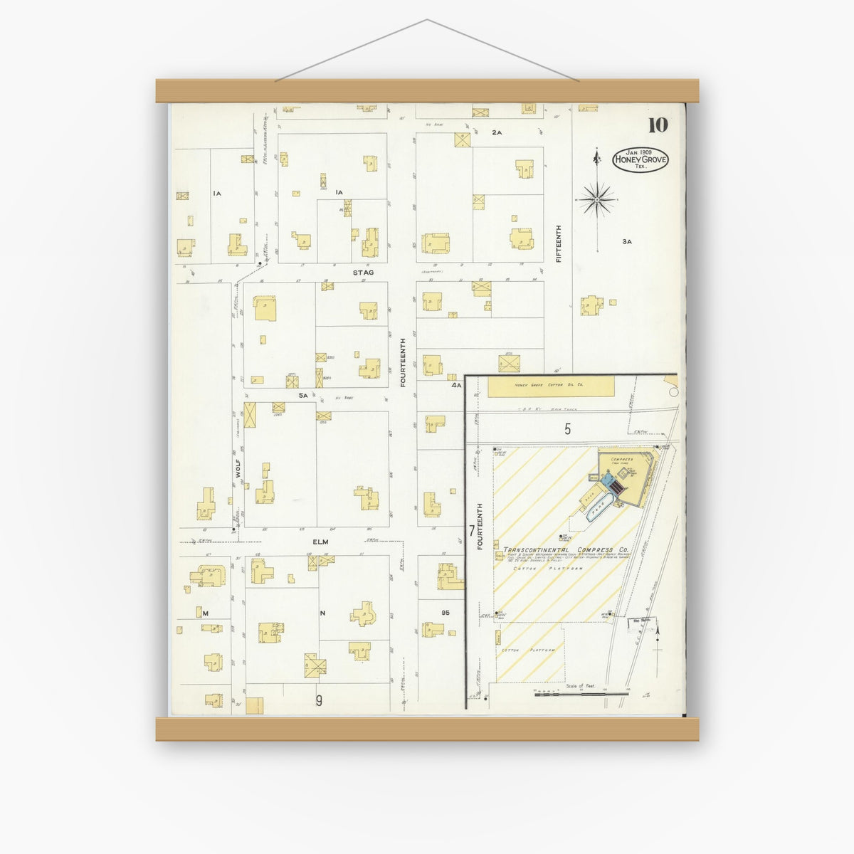 Old map wall art mockup — magnetic wood frame on white wall — Sanborn Fire Insurance Map from Honey Grove, Fannin County, Texas (1909), Sheet #0010