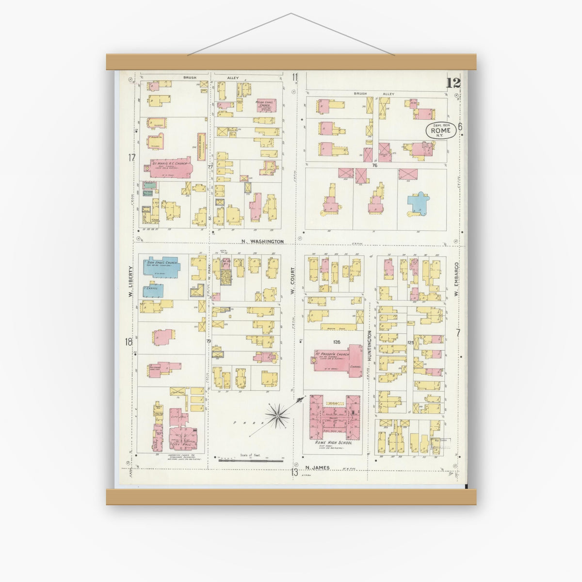 Old map wall art mockup — magnetic wood frame on white wall — Sanborn Fire Insurance Map from Rome, Oneida County, New York (1904), Sheet #0012