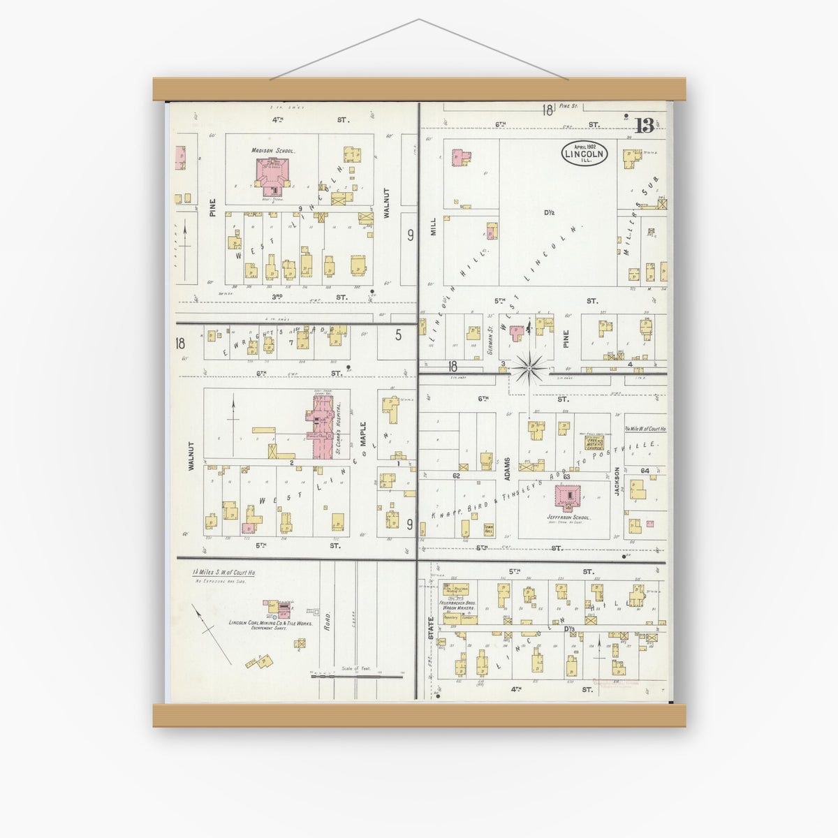 Old map wall art mockup — magnetic wood frame on white wall — Sanborn Fire Insurance Map from Lincoln, Logan County, Illinois (1902), Sheet #0013