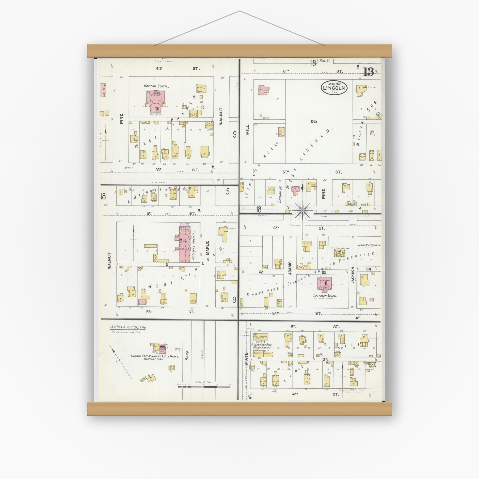Old map wall art mockup — magnetic wood frame on white wall — Sanborn Fire Insurance Map from Lincoln, Logan County, Illinois (1902), Sheet #0013