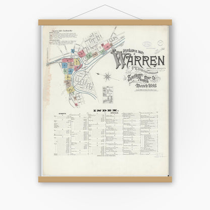 Old map wall art mockup — magnetic wood frame on white wall — Sanborn Fire Insurance Map from Warren, Warren County, Pennsylvania (1898) - Complete Map Set
