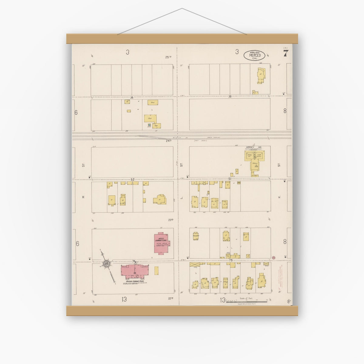 Old map wall art mockup — magnetic wood frame on white wall — Sanborn Fire Insurance Map from Merced, Merced County, California (1922), Sheet #0007