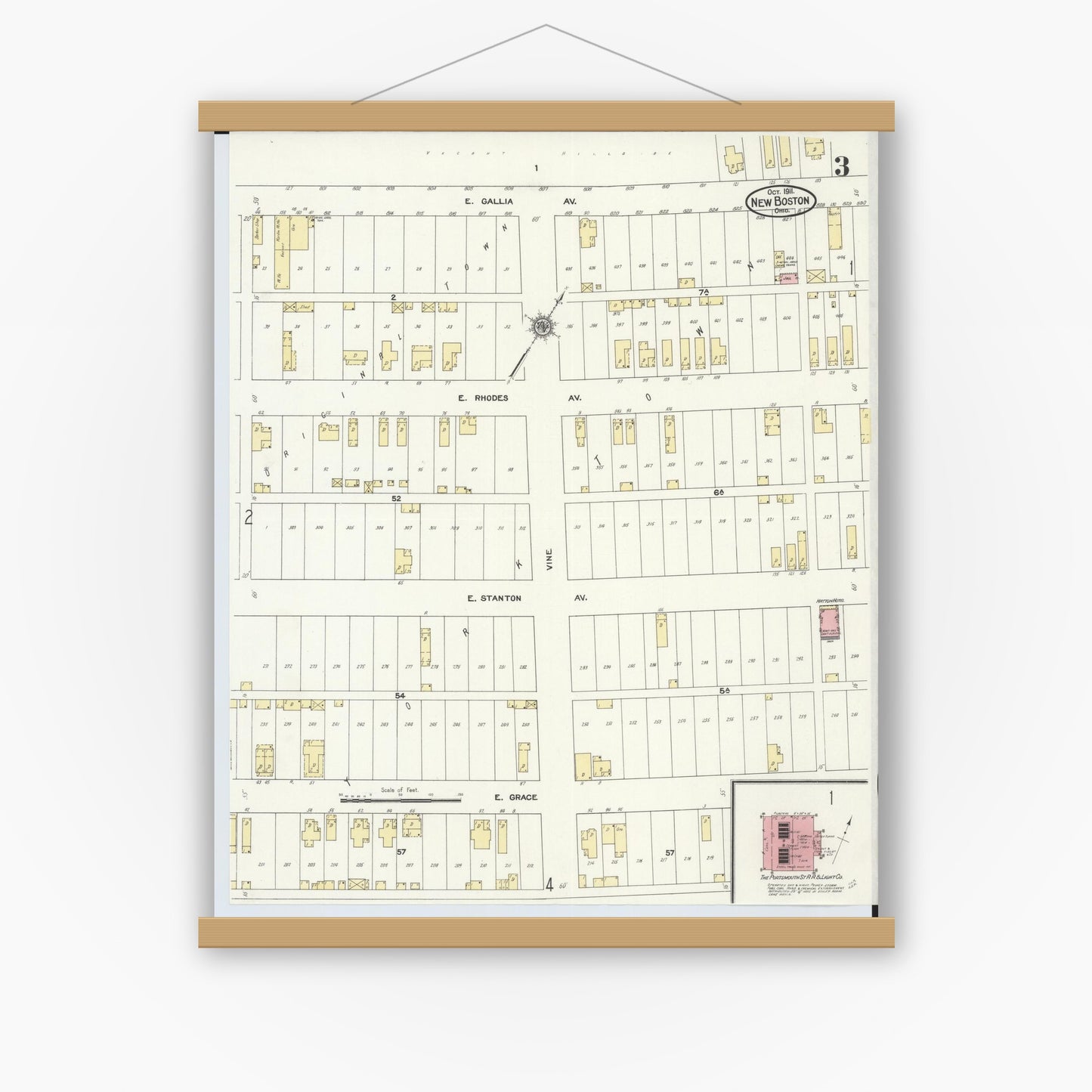 Old map wall art mockup — magnetic wood frame on white wall — Sanborn Fire Insurance Map from New Boston, Scioto County, Ohio (1911), Sheet #0003