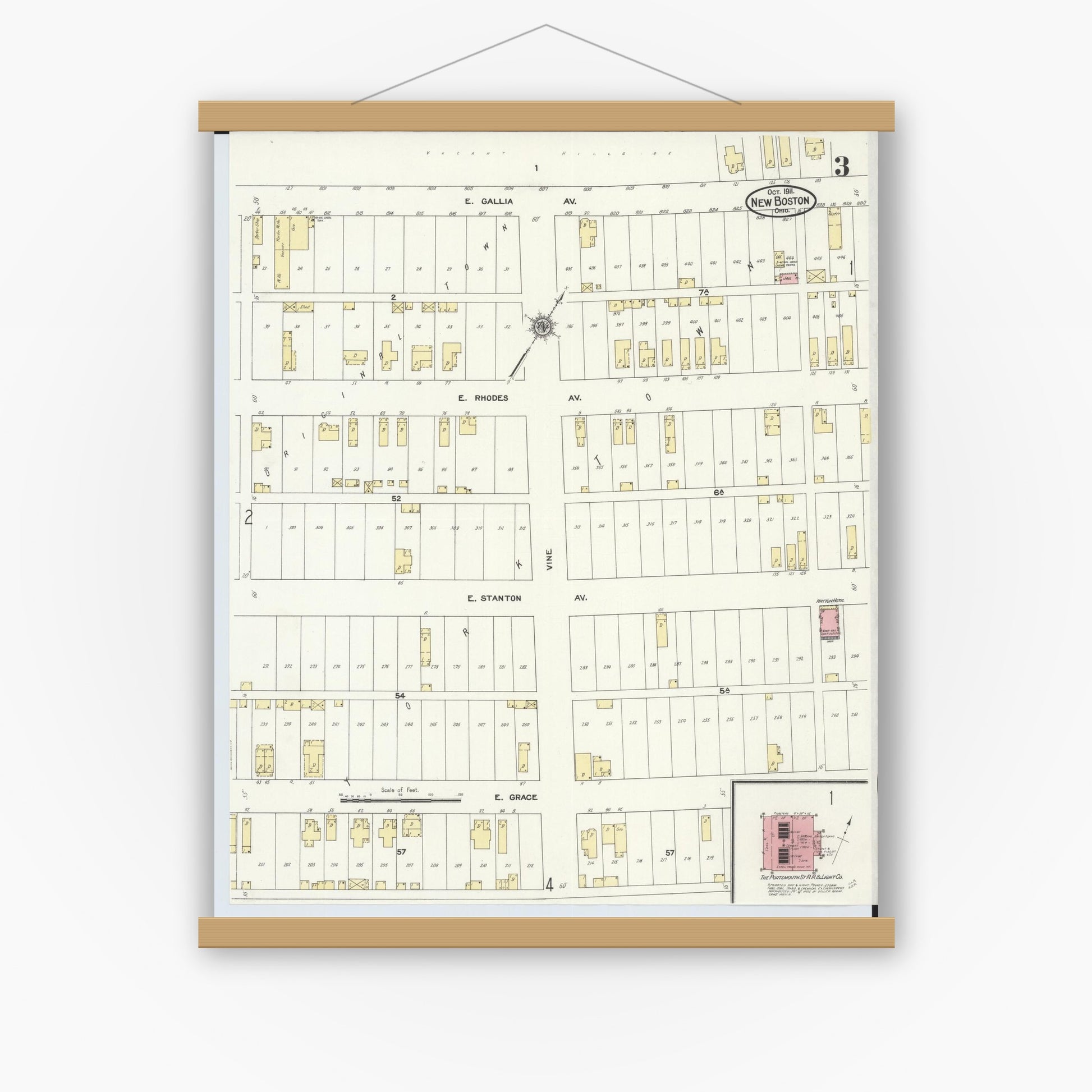 Old map wall art mockup — magnetic wood frame on white wall — Sanborn Fire Insurance Map from New Boston, Scioto County, Ohio (1911), Sheet #0003