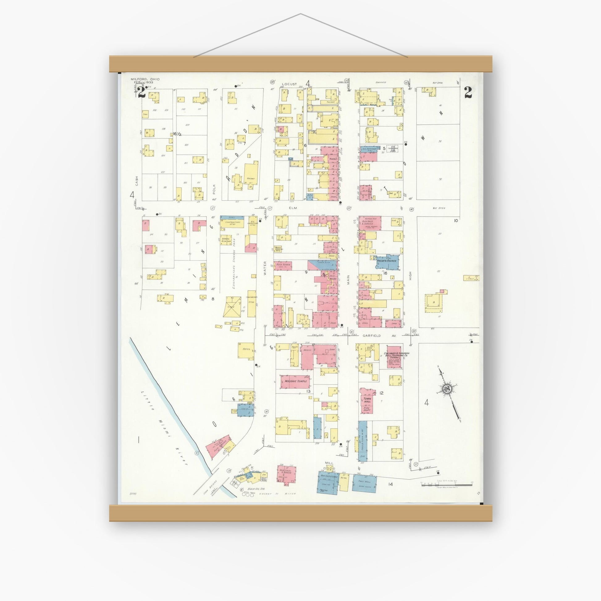 Old map wall art mockup — magnetic wood frame on white wall — Sanborn Fire Insurance Map from Milford, Clermont And Hamilton County, Ohio (1933), Sheet #0002