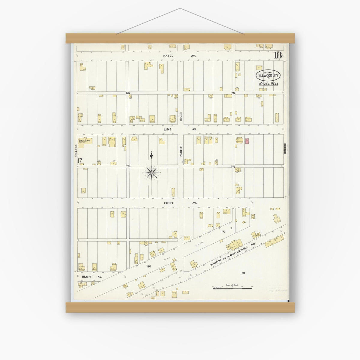 Old map wall art mockup — magnetic wood frame on white wall — Sanborn Fire Insurance Map from Ellwood City, Lawrence County, Pennsylvania (1908), Sheet #0018
