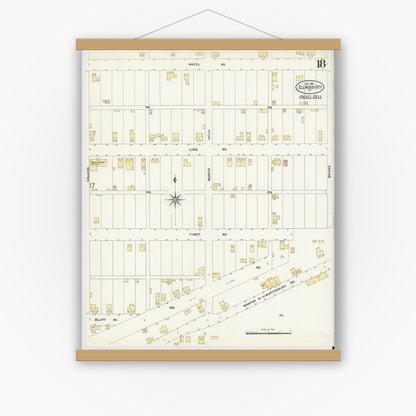 Old map wall art mockup — magnetic wood frame on white wall — Sanborn Fire Insurance Map from Ellwood City, Lawrence County, Pennsylvania (1908), Sheet #0018