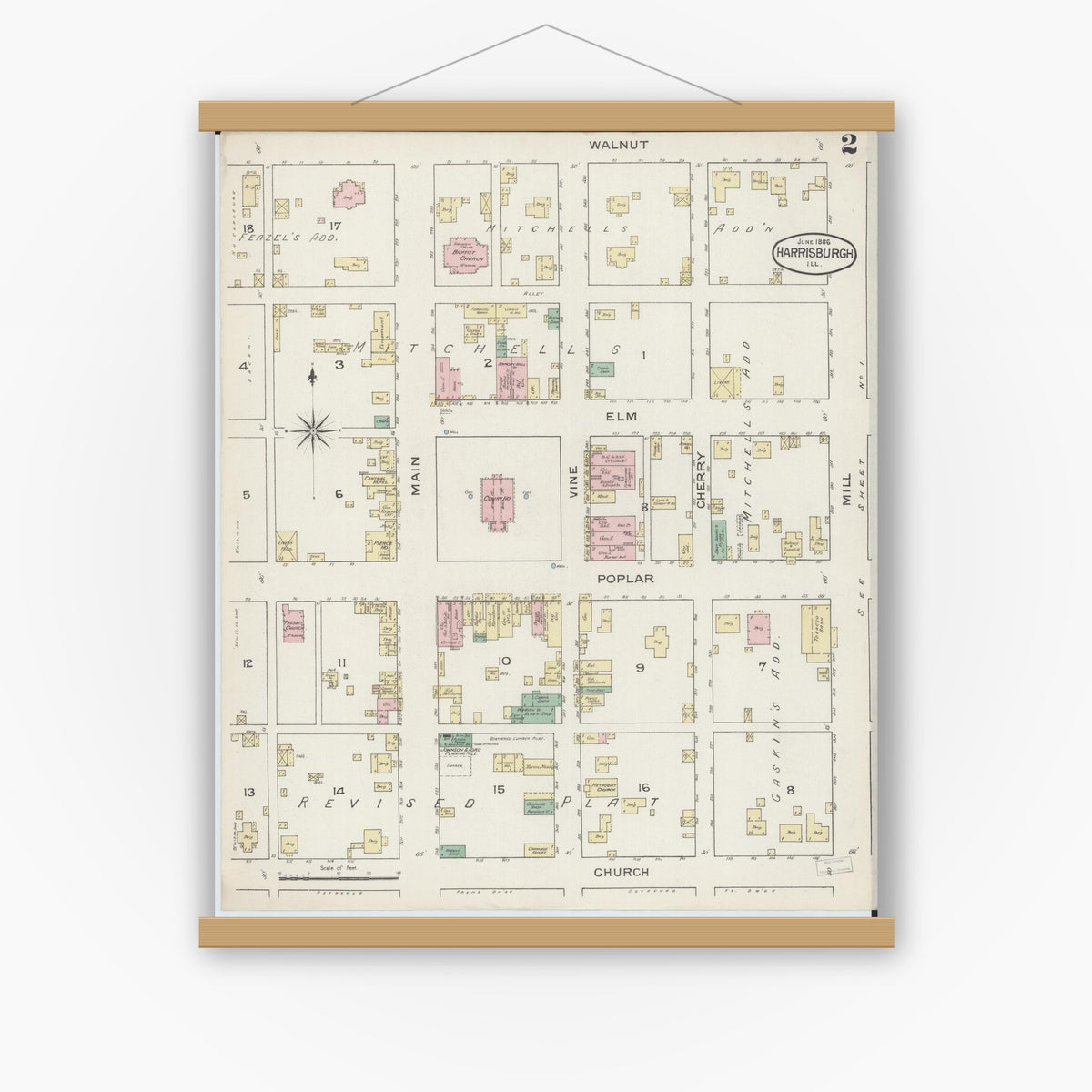 Old map wall art mockup — magnetic wood frame on white wall — Sanborn Fire Insurance Map from Harrisburg, Saline County, Illinois (1886), Sheet #0002